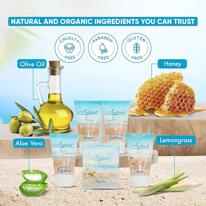 Aqua Organics Hotel Soaps and Toiletries Bulk Set | 1oz Hotel Shampoo & Conditioner, Body Wash, Body Lotion & 1oz Bar Soap Travel Size | 300 Pieces-VivaGrace Women