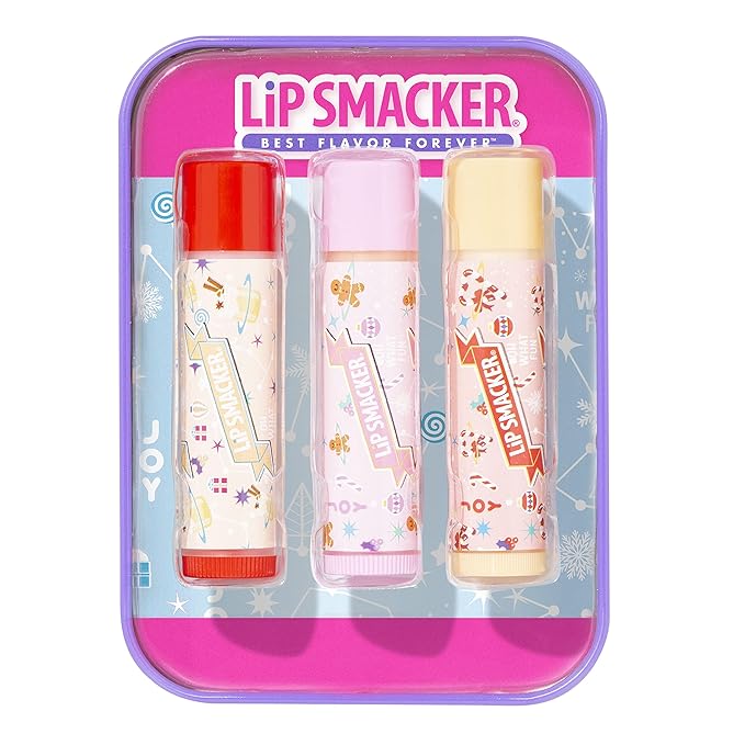 Lip Smacker Holiday Christmas 3 pcs Flavored Lip Balm Tin Original & Best-VivaGrace Women