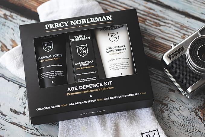 Percy Nobleman Age Defence Kit, a men's skincare set containing Charcoal Face Scrub (with Natural AHAs), ultra-hydrating Facial Serum (with Hyaluronic Acid), and Moisturiser (with Vitamin C)-VivaGrace Women