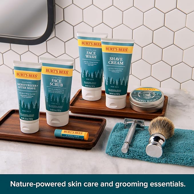 Burt's Bees Gifts Ideas - Grooming Essentials Kit, 4 Products for Men - Cooling Face Wash, Shave Cream, Soothing Moisturizer After Shave & Original Beeswax Lip Balm-VivaGrace Women
