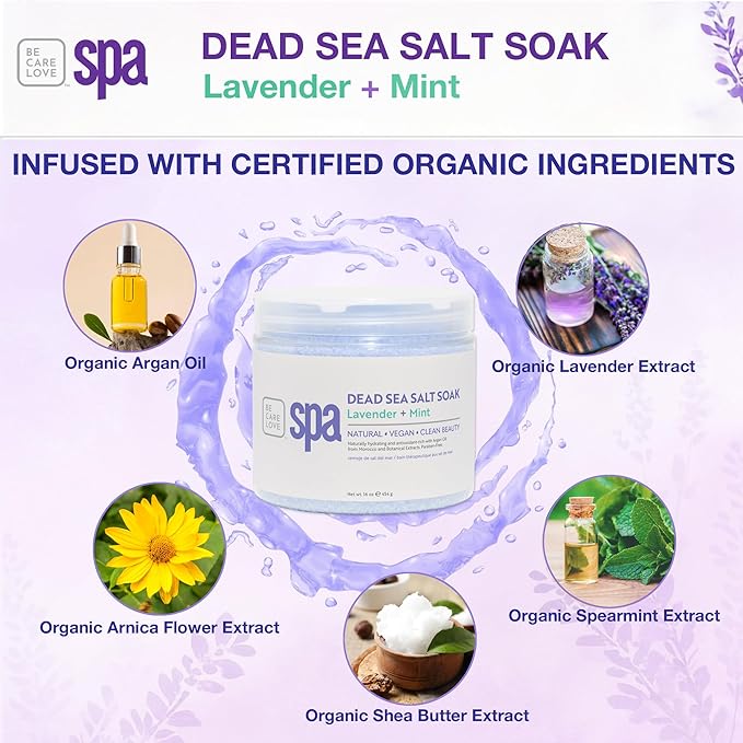 BCL SPA Dead Sea Salt Soak - Bath Salt with Organic Lavender + Mint, Shae Butter, Arnica, Aloe Vera Juice, Chamomile, Argan Oil & Jojoba Oil Skin Exfoliator- Home/Professional Use 16 fl oz-VivaGrace Women