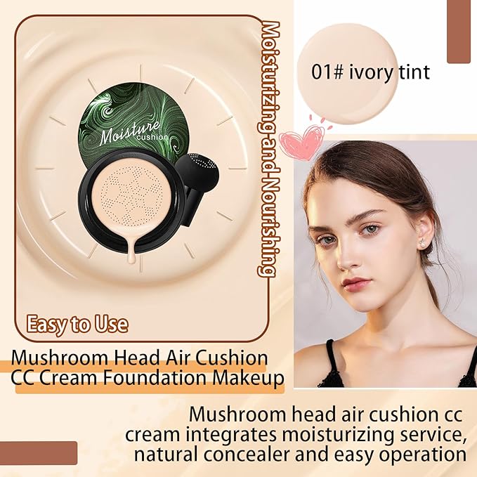 Mushroom Head Air Cushion CC Cream Foundation Makeup,Moisturizing Non-Greasy BB Cream Foundation,Long Lasting Matte Concealer Full Coverage Face Makeup Liquid Foundation for All Skin Types(Ivory)-VivaGrace Women