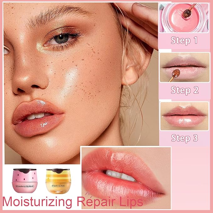 2 PCS Bee Lip Balm Honey Pot, Honey Strawberry Bee Lip Balm Sleeping Lip Mask Overnight with Sticks, Honey Pot Lip Balm Hydrating Exfoliating Prevention Dry and Crack Lip Scrubs-VivaGrace Women