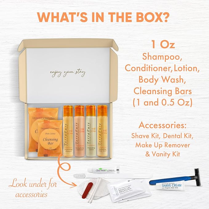 Terra Pure Amenity & Accessory Kit |1 oz Travel Size Shampoo, Conditioner, Lotion, Body Wash, 2 Cleansing Bars, Shave & Dental Sets, Make-Up Remover Wipes, & Vanity Kit | 1 set per case-VivaGrace Women