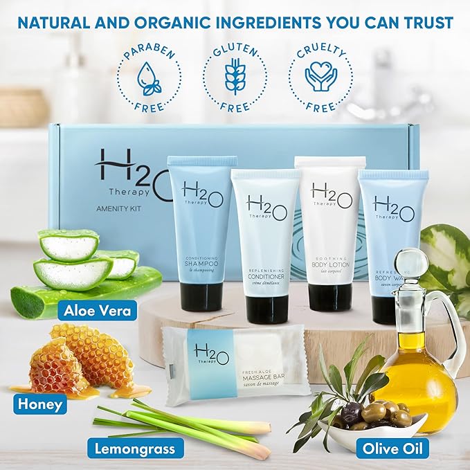 H2O Therapy Amenity & Accessory Kit | 0.85 oz Travel Size Shampoo, Conditioner, Lotion, Body Wash, Massage Bar, Cleansing Bar, Shave & Dental Sets, Make-Up Remover Wipes, & Vanity Kit | 60 sets/case-VivaGrace Women