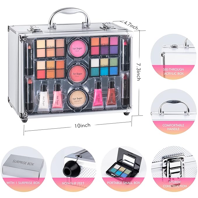 Hot Sugar Makeup Set for Teen Girls Ages 10-12, All in One Beginner Makeup Kit for Women, Cosmetics Gift Set for Birthday Christmas (Clear02)-VivaGrace Women