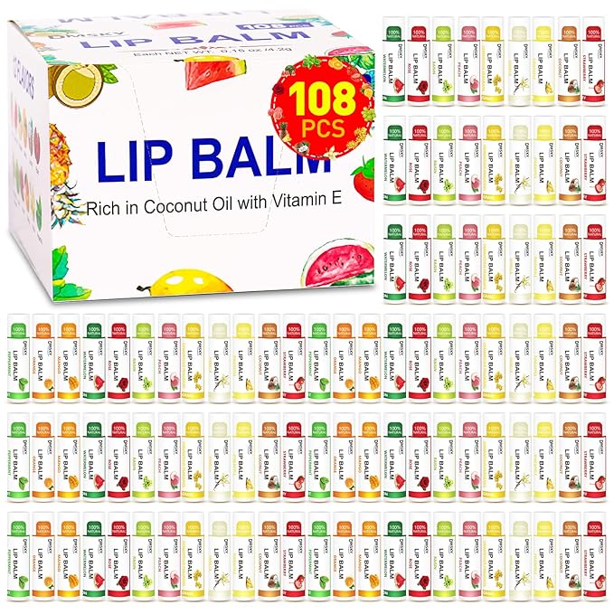 DMSKY 108 Pack Lip Balm, Natural Lip Balm Bulk with Vitamin E and Coconut Oil, Moisturizing Lip Balm for Dry Cracked Lips, Lip Balm for Stocking Stuffers-12 Flavors-VivaGrace Women
