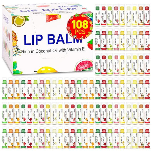 DMSKY 108 Pack Lip Balm, Natural Lip Balm Bulk with Vitamin E and Coconut Oil, Moisturizing Lip Balm for Dry Cracked Lips, Lip Balm for Stocking Stuffers-12 Flavors-VivaGrace Women
