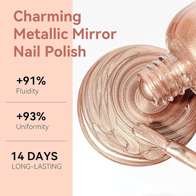 MIZHSE Quick Dry Chrome Nail Polish, Rose Gold Mirror Nail Polish 15ml, Air Dry Fast Mirror Metallic Effect for Fingernail Toenail Manicure Home