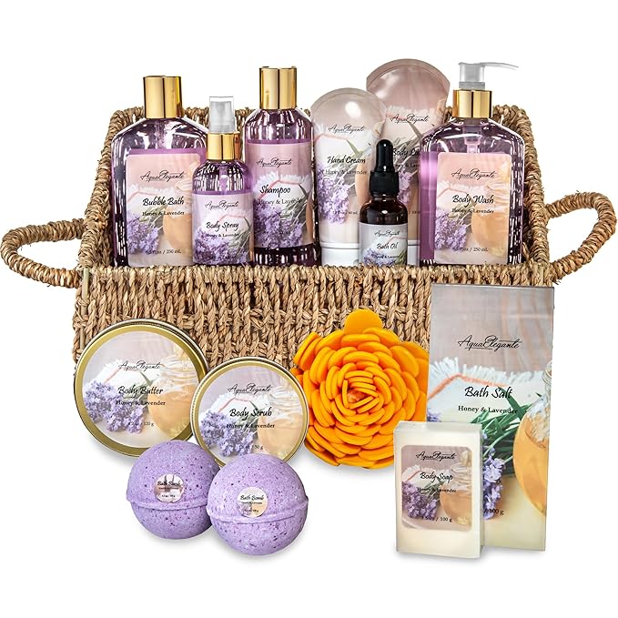 Bath Spa Gift Sets - Luxury Basket With Honey & Lavender - Spa Kit Includes Wash, Bubble Bath, Lotion, Bath Salts, Body Scrub, Body Spray, Shower Puff, Bathbombs, Soap and Towel-VivaGrace Women