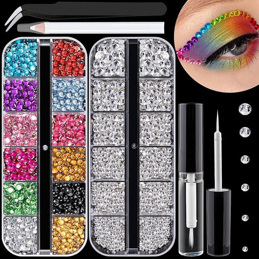 Flat Back Rhinestone Kits Colorful Rhinestones+Transparent White Gems With Quick Dry Makeup Glue+Picker Pencil+Tweezer For Nail Art And Face Make-up-VivaGrace Women