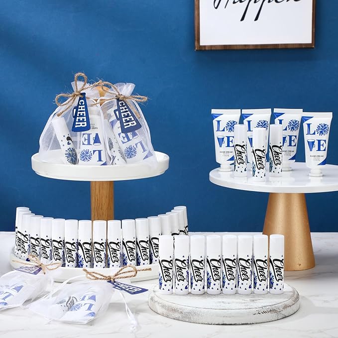 144 Pcs Blue Cheer Favors Natural Bulk Lip Balm and Hand Cream Set, Include 36 Lip Balm 36 Moisturizing Hand Cream 36 Bags 36 Card and Rope cheer accessories for Team Sports Party Supplies-VivaGrace Women