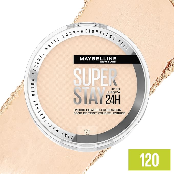 Maybelline Super Stay Up to 24HR Hybrid Powder-Foundation, Medium-to-Full Coverage Makeup, Matte Finish, 120, 1 Count-VivaGrace Women