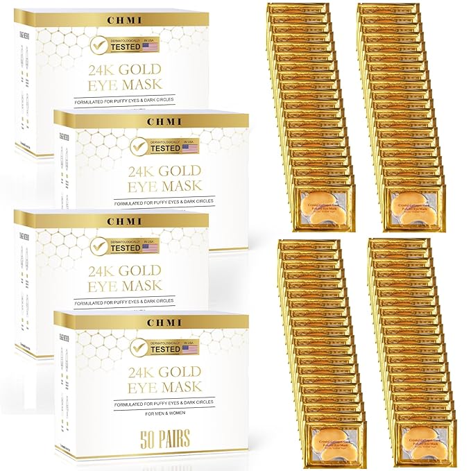 CHMI Under Eye Patches (50 Pairs) - 24K Gold Eye Patches for Puffy Eyes, Dark Circles, EyeBags and Wrinkles, Collagen Skin Care Products, Beauty & Personal Care