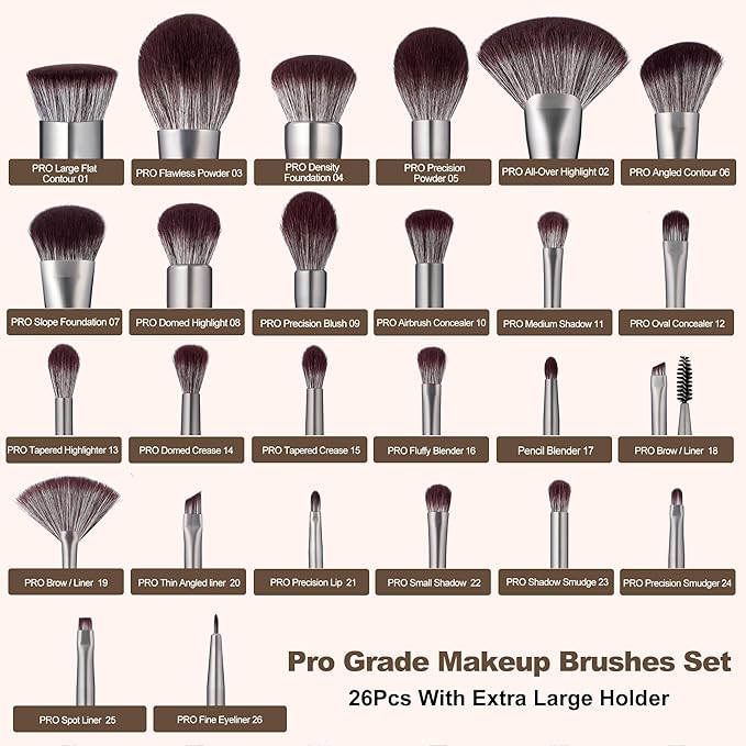 Bueart Design 26 Pcs Chocolate-colored Gift Makeup Brushes Set with Extra Large Holder,Elegant Make up Brushes for Foundation,Face Blending Powder, Contour, Highlight, Concealer, Eyeshadow-VivaGrace Women