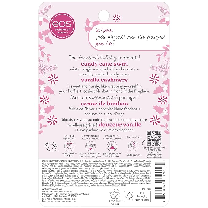 EOS Limited Edition Holiday Collection- Candy Cane Swirl Lip Balm & Vanilla Cashmere Hand Cream, 24-Hour Hydration, 2-Pack, Clear-VivaGrace Women