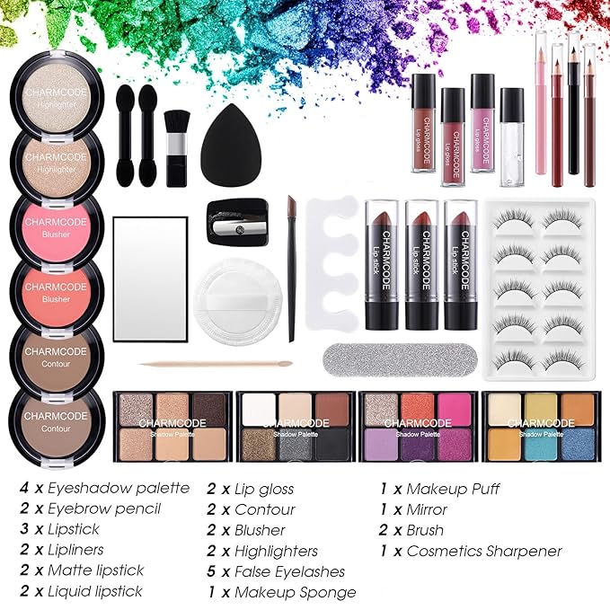 Makeup Kit for Women Full Kit - Eyeshadow Palette, Lipsticks, Lipgloss, Blushes, Contour, Highlighters, Makeup Pencil, False Eyelashes, Re-usable Train Case Gift Set for Teen Girls Starters Pros-VivaGrace Women