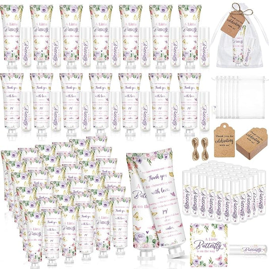 50 Sets 200 Pcs Baby Shower Hand Lotion and Lip Balm Gift Theme Baby Shower Party Favors Travel Size Hand Lotion and Lip Balm Bulk with Organza Bags Tags(Butterfly)-VivaGrace Women