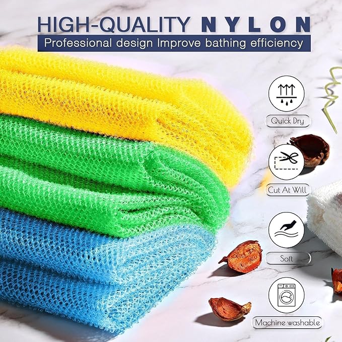 UJFQBH 3 Pieces African exfoliating net African Net Long Net Bath Sponge Exfoliating Shower Body Scrubber Back Scrubber Skin Smoother,Great for Daily Use (Yellow, Green, Blue)-VivaGrace Women