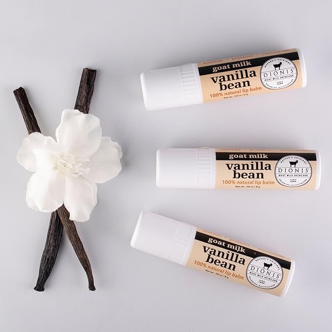 Dionis Goat Milk Skincare Vanilla Bean Holiday Lip Balm Gift Set - Beeswax, Shea Butter & Coconut Oil Lip Care Products Made in The USA - Cruelty Free Lip Moisturizer For Chapped Lips, 0.28oz 3 Pack-VivaGrace Women