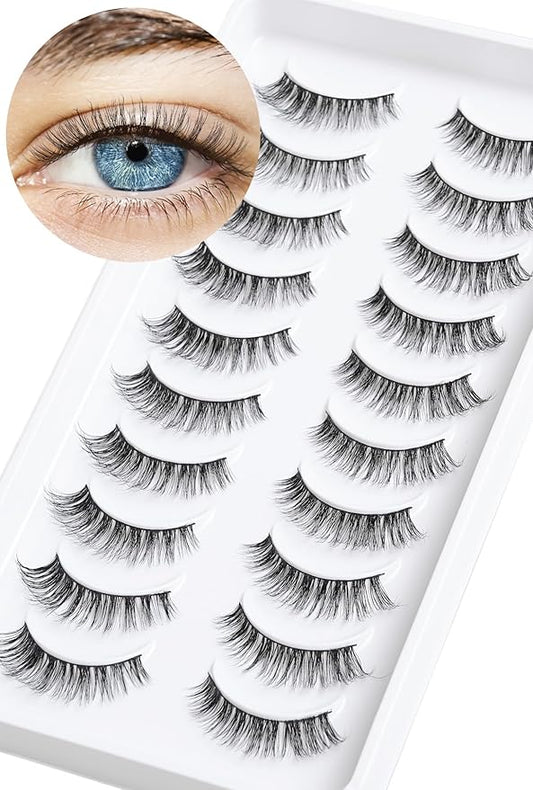 Lashes Wispy False Eyelashes Cat Eye Lashes Natural Look 3D Volume Fake Eyelashes Thin Band Lashes 12mm Natural Eye Lashes C Curl Siligli Lashes Pack 10 Pair-VivaGrace Women