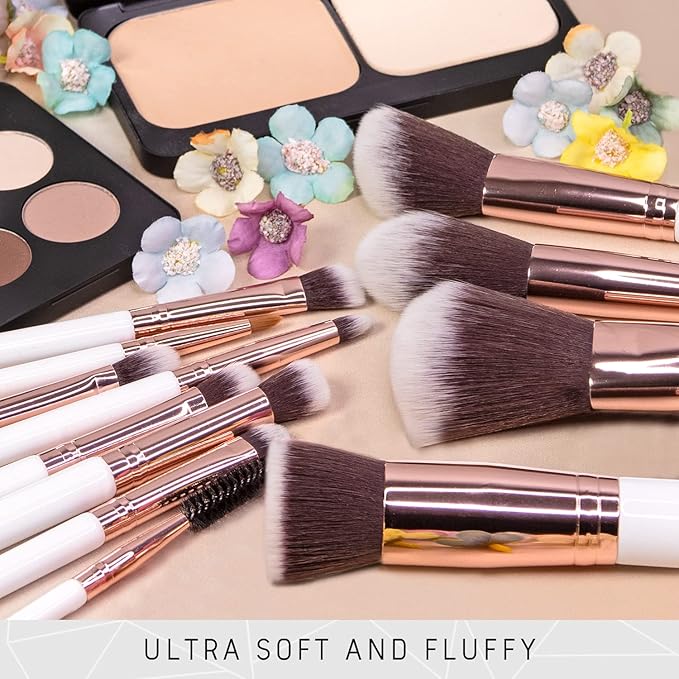 Niré Beauty White 15piece Award Winning Professional Makeup Brush Set: Vegan Makeup Brushes with Case, Makeup Sponge, Cleaner, Guide, Gift Box-VivaGrace Women