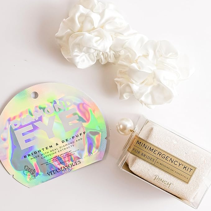 Bride Gift Box - Bride to Be Gift Set for Bridal Shower, Engagement Party, Bachelorette Party, Wedding Shower - White Silk Sateen Hair Scrunchies, Diamond Eye Mask, Bride Emergancy Kit-VivaGrace Women