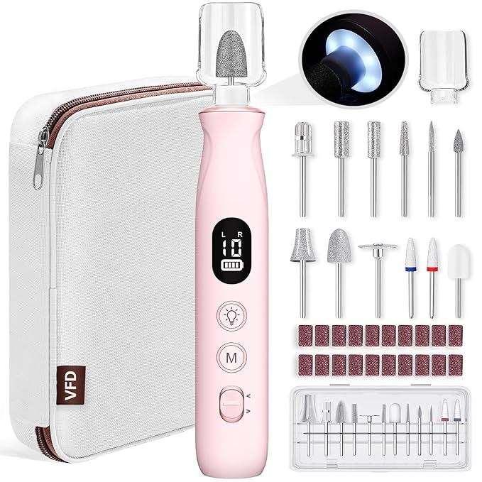 Electric Nail Drill, Cordless 2000 mAh Rechargeable Portable Nail File 12 in 1 Kit for Thick Toenails, 10 Speeds Nail Dril Machine Professional Manicure Pedicure for Hand Natural Nails Care (Pink)-VivaGrace Women