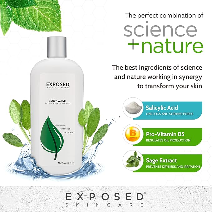 Exposed Skin Care Body Wash - Back and Body Acne Wash with Salicylic Acid and Tea Tree Oil – Exfoliating Bacne Treatment for Clearer, Healthier Skin – Body Cleanser for All Skin Types (12 fl oz)-VivaGrace Women