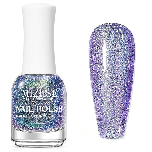 MIZHSE Quick Dry Nail Polish, Holographic Neon Purple Nail Polish Air Dry Fast, 15ml/0.5 fl oz Regular Sparkle Shimmery Oil-based Glitter Nail Lacquer Non Gel Full Coverage Nail Art Manicure Home