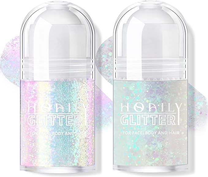 2 Colors Roll-on Body Glitter Gel, Holographic Glitter Gel Under Light for Face Hair, Body Shimmer for Rave Accessories Christmas New Year Halloween Makeup (8+11)-VivaGrace Women