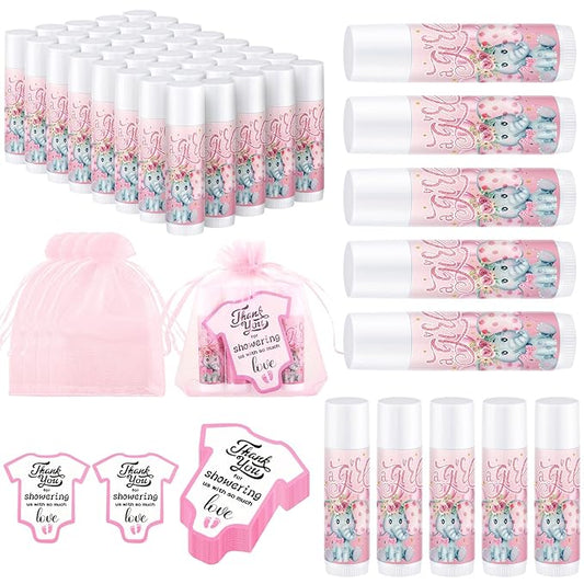 Demissle 50 Pcs Baby Shower Lip Balm Gift Set with 100 Pcs Organza Bags Baby Shower Party Favor for Guest Thank You Tag Rope Baby Shower Party Decoration Gender Reveal Souvenirs(Elephant)-VivaGrace Women