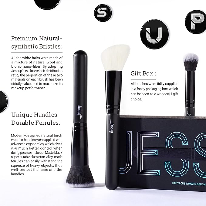 Jessup Makeup Brush Set 10pcs Black Make up Brushes Set Professional with Natural Synthetic Hair for Foundation Blending Blush Concealer Eyeshadow Eyebrow Eyeliner, T323-VivaGrace Women