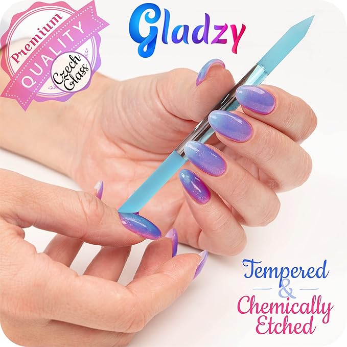 GLADZY Czech Glass Nail File Set - Multifunctional Nail Shiner Buffer, Callus Remover Foot Rasp, Glass Cuticle Pusher Manicure Stick, Etched Surface, Professional Nail Care Tool, Made in EU-VivaGrace Women