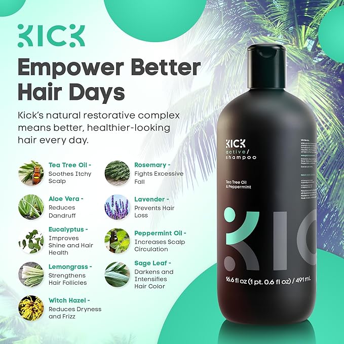 Kick Mens Shampoo - Peppermint & Tea Tree for Oil Control - Sulfate-Free, Refreshing Formula - Anti-Dandruff and Scalp Soothing - Shampoo for Oily Hair - Cruelty-Free - 16.6oz-VivaGrace Women