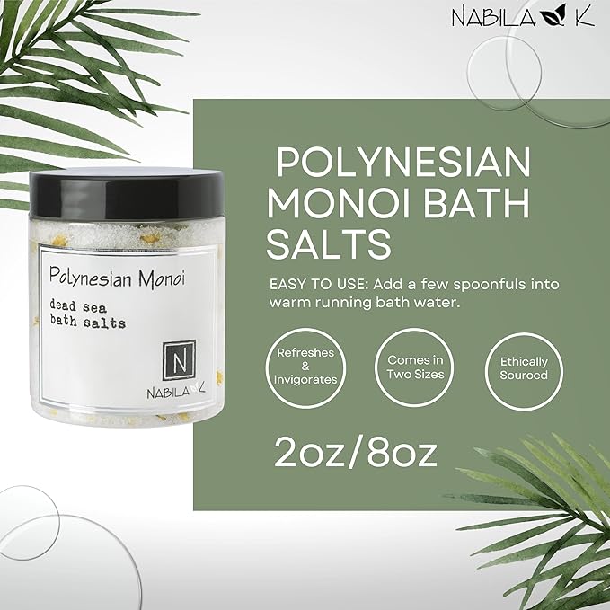 Polynesian Monoi Bath Salts by Nabila K - Dead Sea Salt & Epsom Salt Scrub & Soak - Exfoliates & Hydrates Skin, Botanical Essential Oils - Bubble Bath Accessories for All Skins Types, 2 oz-VivaGrace Women