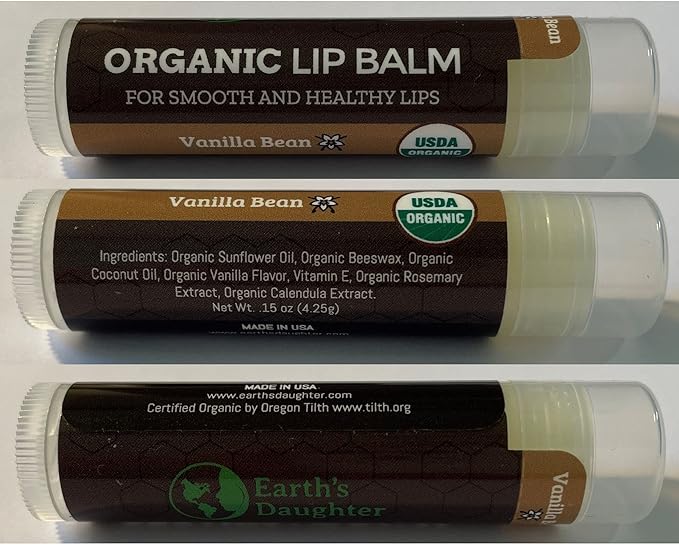 USDA Organic Lip Balm 4-Pack by Earth's Daughter - Vanilla Flavor, Beeswax, Coconut Oil, Vitamin E - Best Lip Repair Chapstick for Dry Cracked Lips.-VivaGrace Women