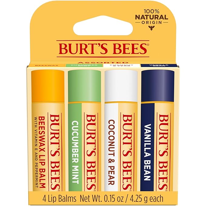 Burt's Bees Lip Balm - Beeswax, Cucumber Mint, Coconut & Pear, and Vanilla Bean Pack, With Responsibly Sourced Beeswax, Tint-Free, Natural Origin Lip Treatment, 4 Tubes, 0.15 oz.-VivaGrace Women
