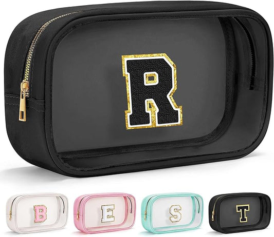 YOOLIFE Initial Travel Makeup Bag Pouch, Clear Toiletry Bag for Women Travel Accessories Cosmetic Bag Skin Care for Teen Make Up Bags Birthday Gifts for Women Unique Teacher Mom Friends Gifts Black R-VivaGrace Women
