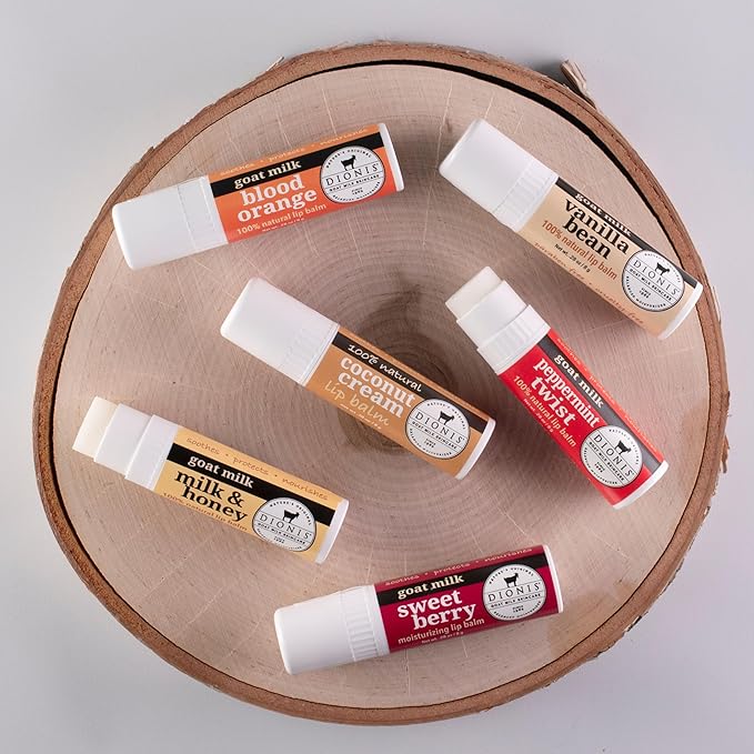 Dionis Goat Milk 6 Pc Lip Balm Ornament - Vanilla, Coconut, Milk & Honey, Berry, Peppermint & Blood Orange Scented Chapstick - Shea Butter & Coconut Oil, Protect & Restore Lips 0.28oz-VivaGrace Women