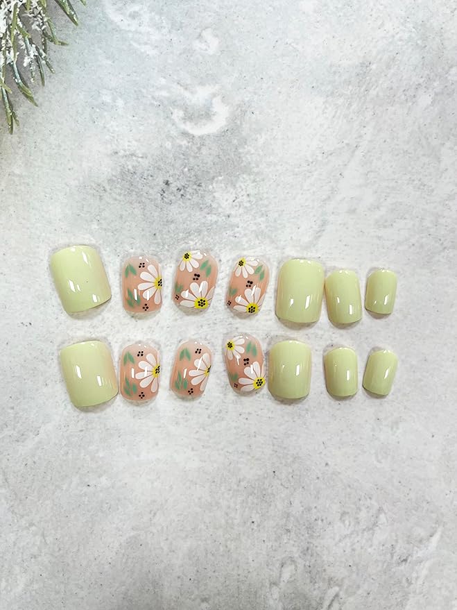 Press on Nails Short Square False Nails with Flower Designs Green Fake Nails with Nail Glue Spring Glue on Nails Summer Acrylic Nails Glossy Artificial Nails for Women and Girls