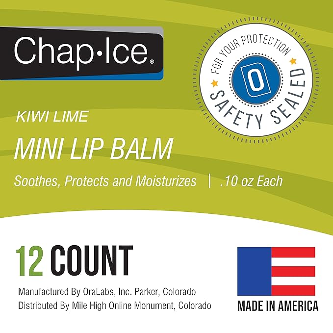 Chap-Ice® | 12-Count Mini Kiwi Lime Lip Balm | Lip Balm Pack Fortified with Vitamin E for Dry, Cracked Lips | Made in USA | 12-Count Mini Lip Balm with Kiwi Lime Flavor (0.10oz/3g Each)-VivaGrace Women