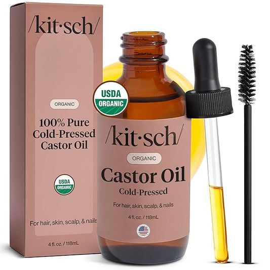 Kitsch Organic Castor Oil for Hair Growth - 100% Pure Castor Oil, Organic Cold Pressed Unrefined Glass Bottle for Face, Skin, Lashes, Brows, Scalp, Nails & Belly Button - Hexane Free, USDA - 4 oz-VivaGrace Women