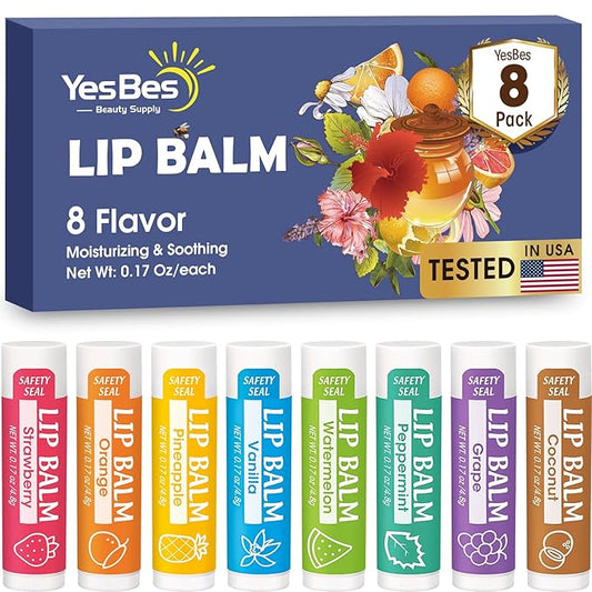 Lip Balm, 8 Pack Natural Bulk with Vitamin E & Coconut Oil, Moisturizing Dry Cracked Lips Protection, 8 Flavors - Stocking Stuffers-VivaGrace Women