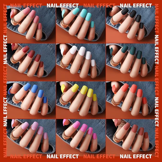 Teenitor Short Square Press On Nails Set, 12 Colors Short Fake Nails With Glue, 12 Sizes Glue On Nails