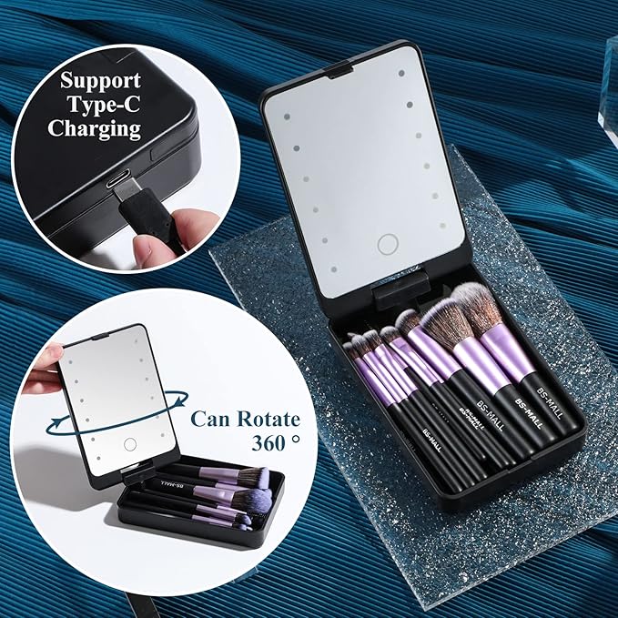 BS-MALL Travel Makeup Brush Set Foundation Powder Concealers Eye Shadows Makeup Set with LED light Mirror 14 Pcs (Purple)-VivaGrace Women