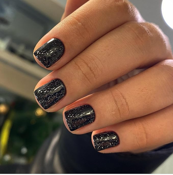 KQueenest Black Glitter Press on Nails Short Nails Glue On, Sparkle Bling Fake Nails Short, Cute Acrylic Nails Press ons, Luxury Shiny Stick on Nails For Women Festival Decoration in 24 Pcs