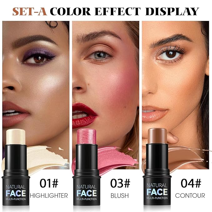 3Pcs Cream Contour Stick Makeup Kit - Cream Blush Stick Highlighter Stick Contour Bronzer Stick for Cheeks, Waterproof Long Lasting Blendable, Contour Stick Trio for Face Makeup (#01, 03, 04)-VivaGrace Women