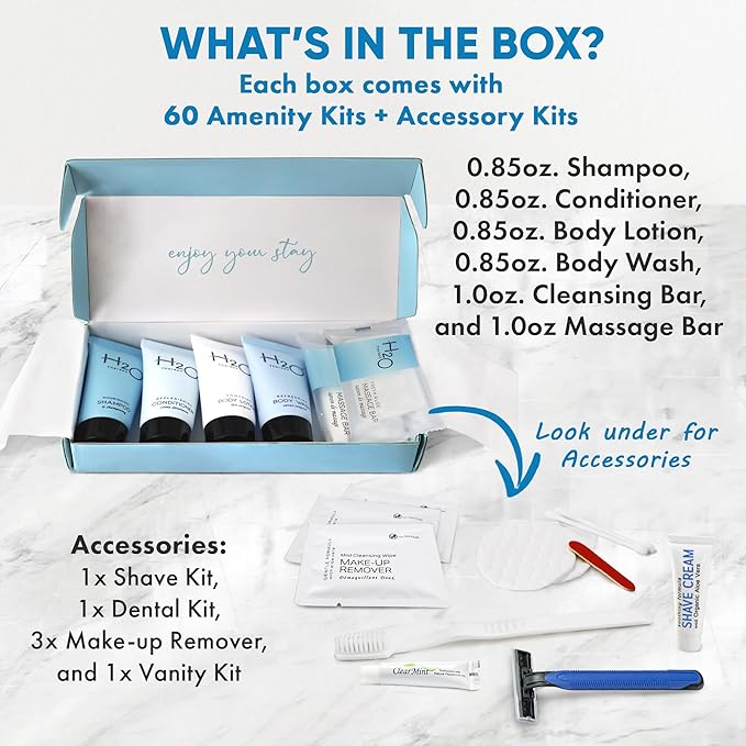 H2O Therapy Amenity & Accessory Kit | 0.85 oz Travel Size Shampoo, Conditioner, Lotion, Body Wash, Massage Bar, Cleansing Bar, Shave & Dental Sets, Make-Up Remover Wipes, & Vanity Kit | 60 sets/case-VivaGrace Women