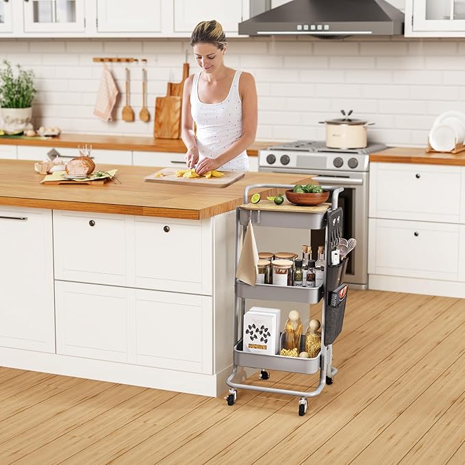 DTK 3 Tier Metal Utility Rolling Cart with Table Top and Side Bags, Tray Storage Organizer Wheels, Art Craft 4 Hooks for Kitchen Bathroom Office Living Room(Grey)-VivaGrace Women